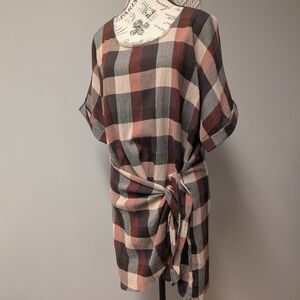 Simply Noelle Plaid Tie-Front Wrap Tunic Dress Large Boho Cottage Cabincore